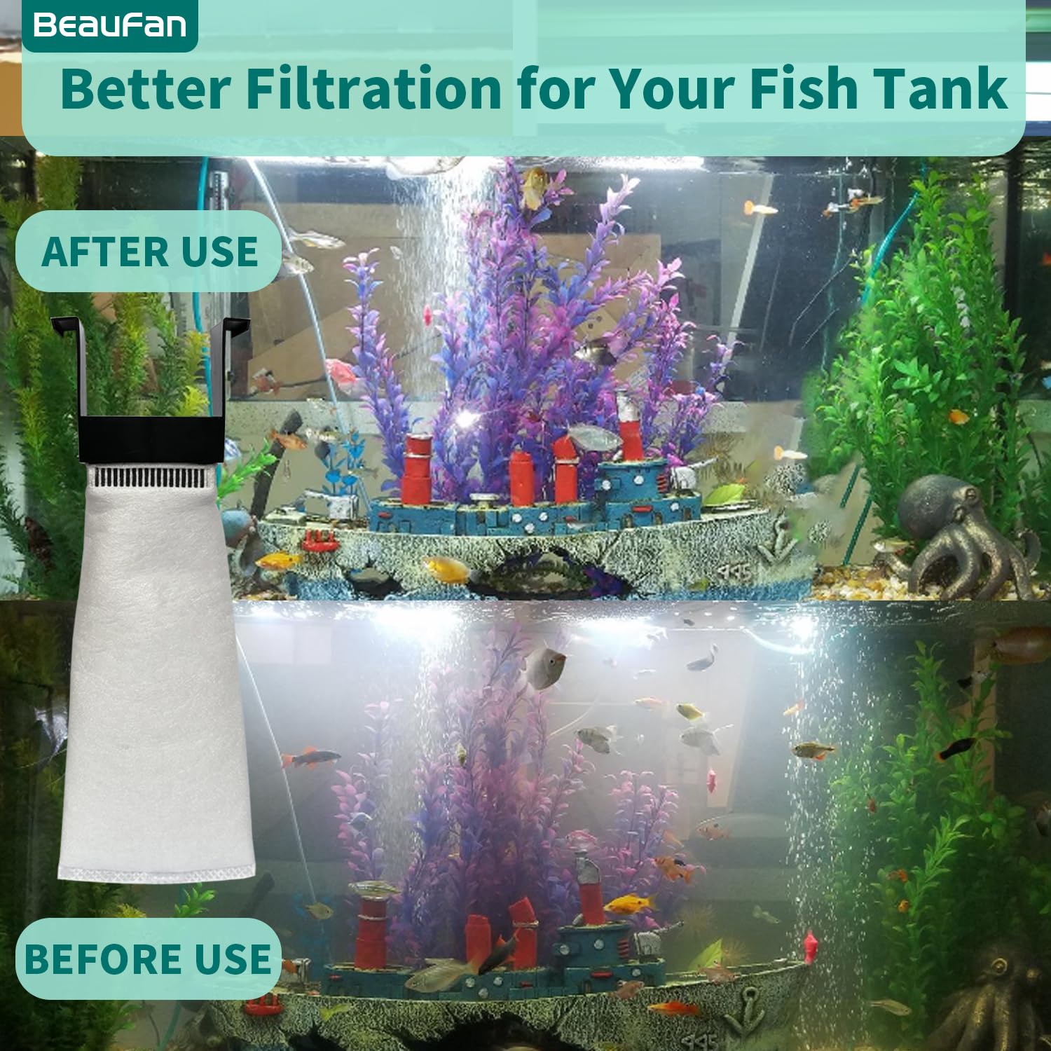 Beaufan filter bag in use promotes clearer water and stable tank conditions.