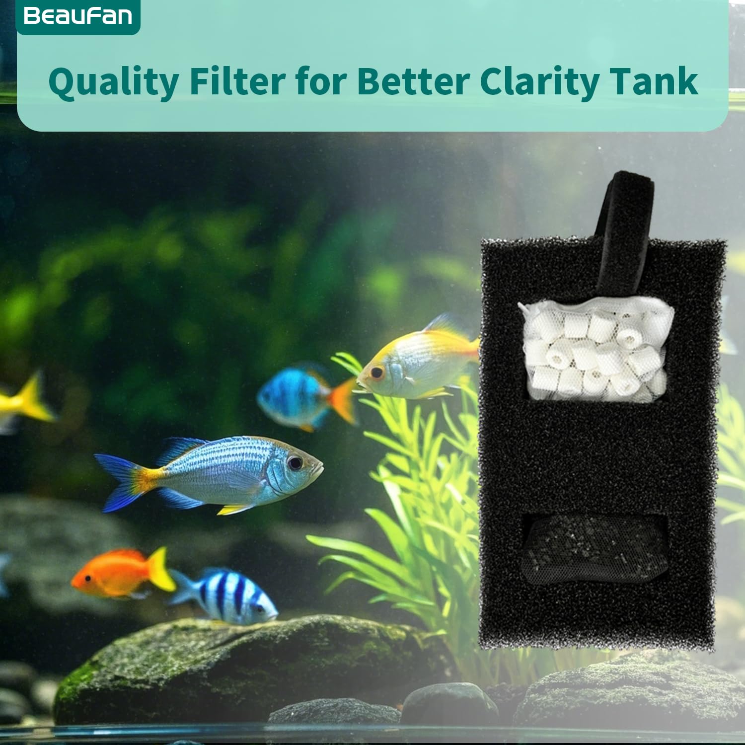 Beaufan filter media set includes carbon, foam, ceramic rings, and cord.