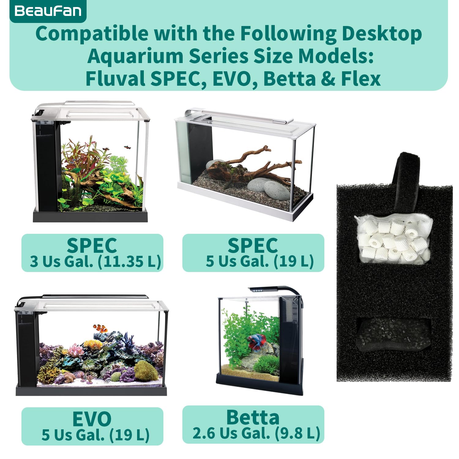 Beaufan foam filter A1376 traps small debris for clearer water.