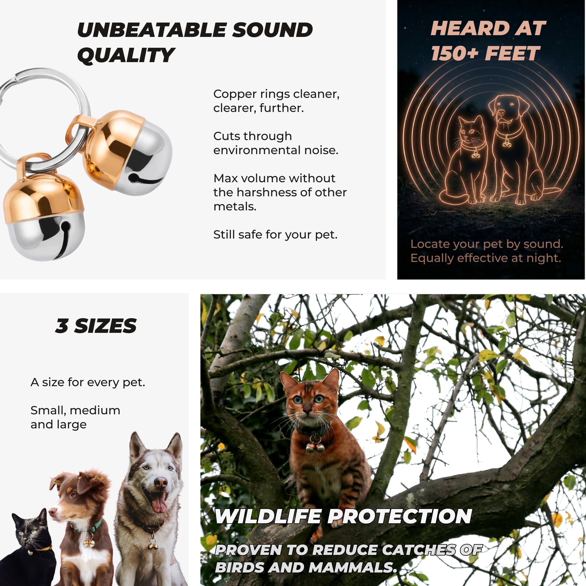 Beau's Bells product display shows size and weight for small pets.