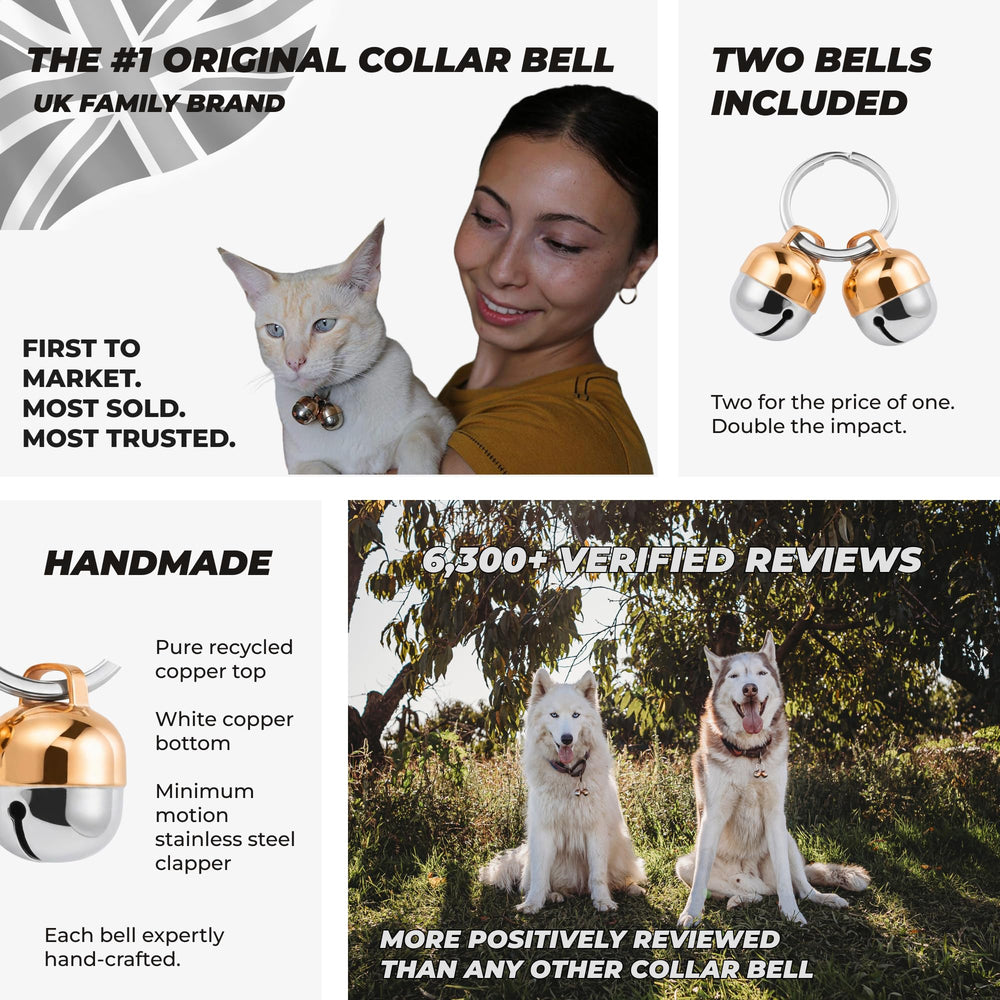 Luxurious handmade copper pet bells by Beau's Bells showcase premium craftsmanship.