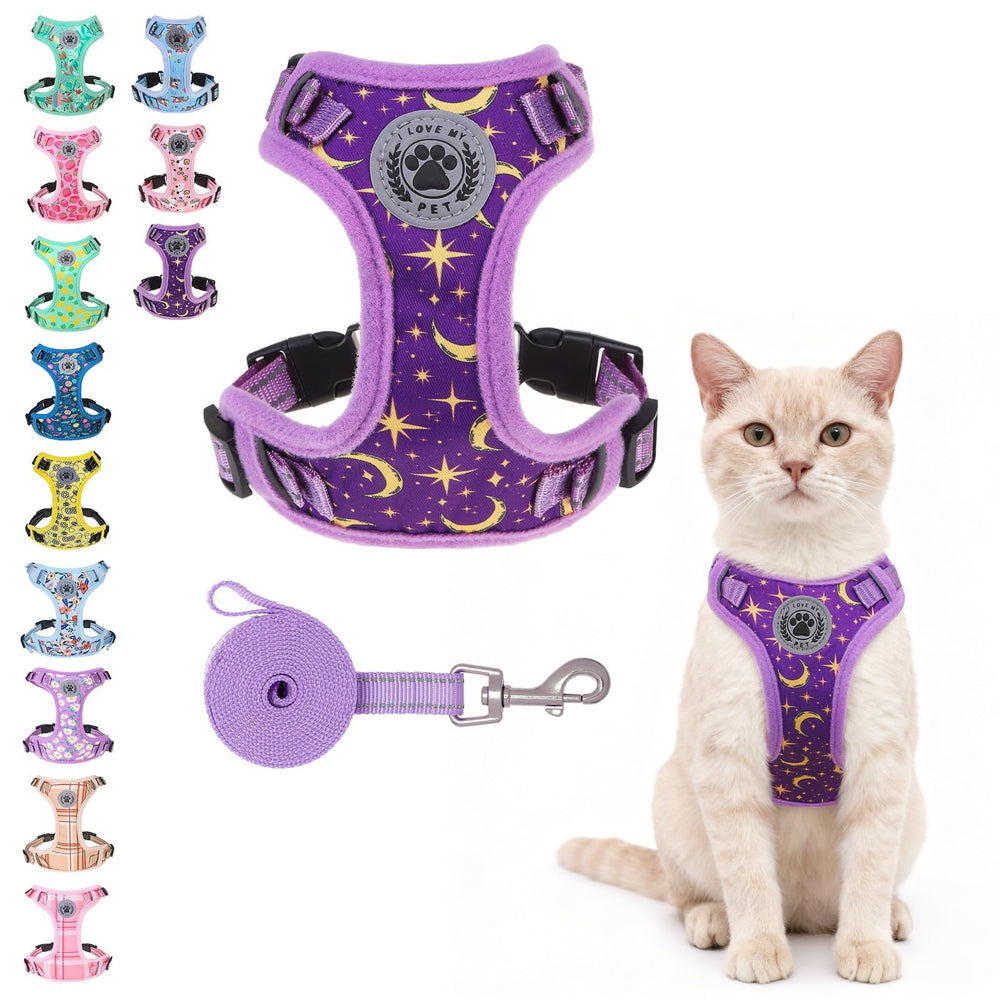 BEAUTYZOO cat harness star design in purple, for stylish outdoor walks.