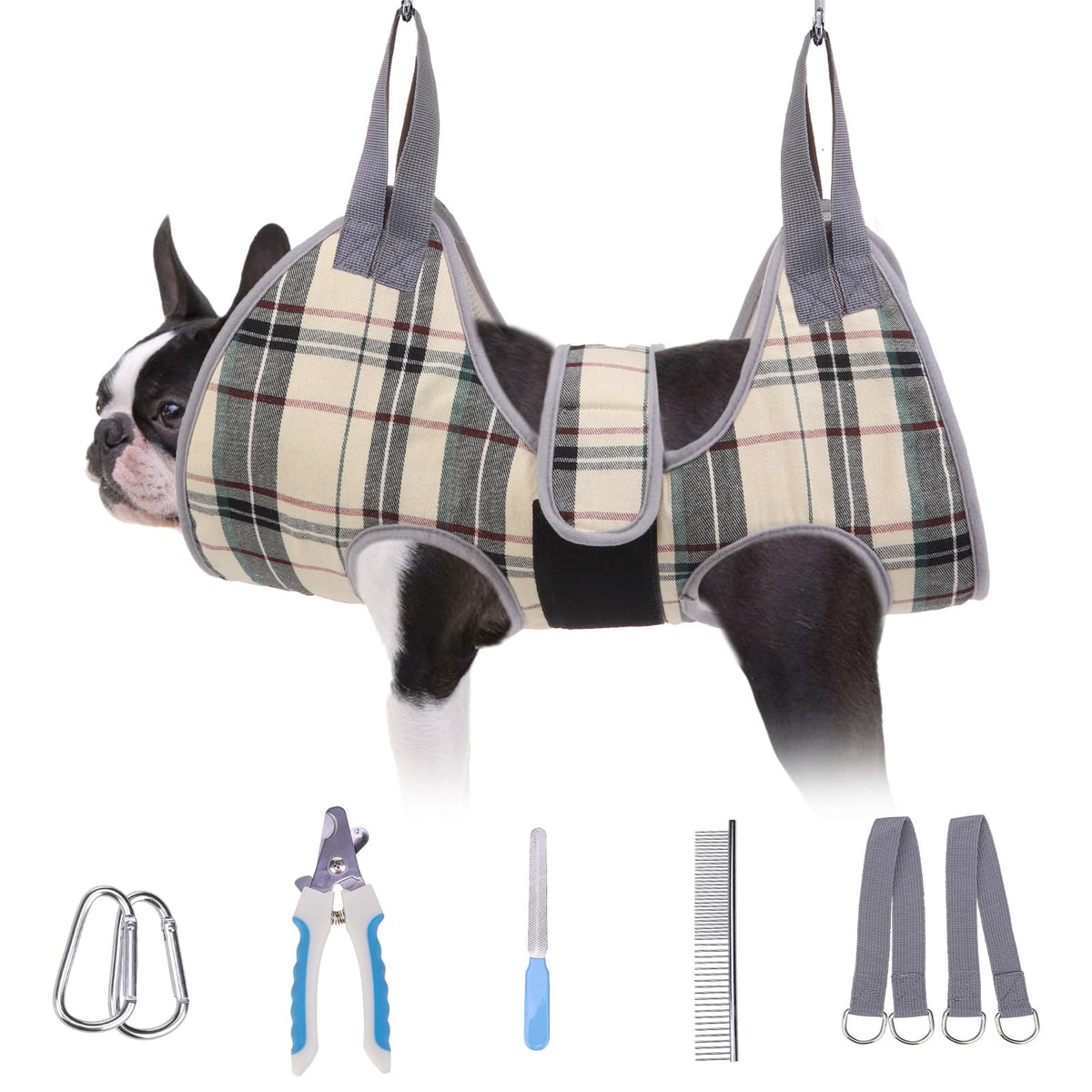 BEAUTYZOO dog grooming hammock in beige is safe for at-home nail trimming and calm sessions