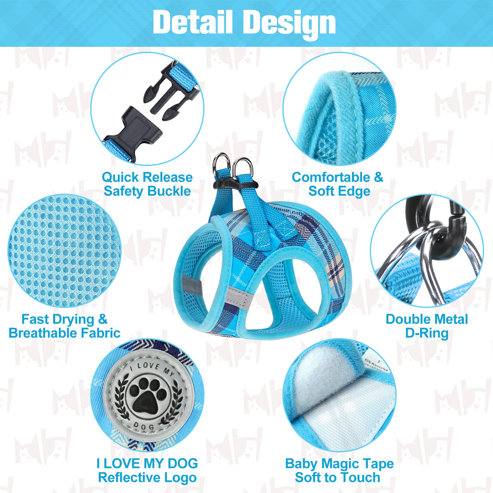 Beautyzoo harness shows reflective strips for safer night walks.