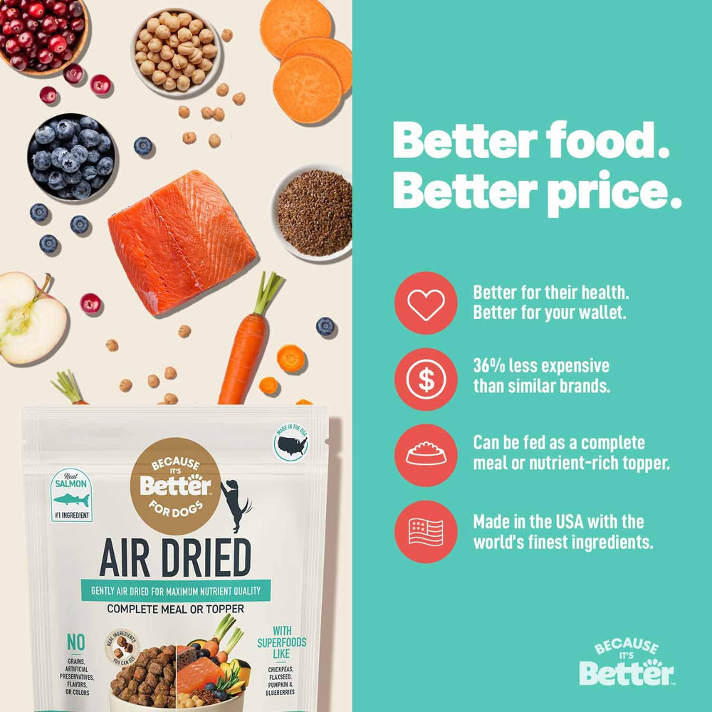 Because It's Better pantry-ready packaging offers convenient, shelf-stable dog food storage.