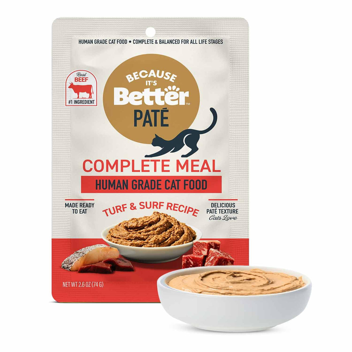 Because It’s Better pâté complete meal Turf & Surf pack front, highlighting the recipe and packaging.