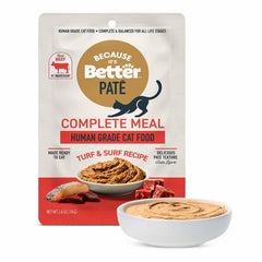 Because It’s Better pâté complete meal Turf & Surf pack front, highlighting the recipe and packaging.