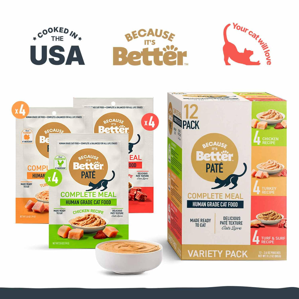 Because It's Better Pate Turkey Flavor pouch supports active cats with real protein.