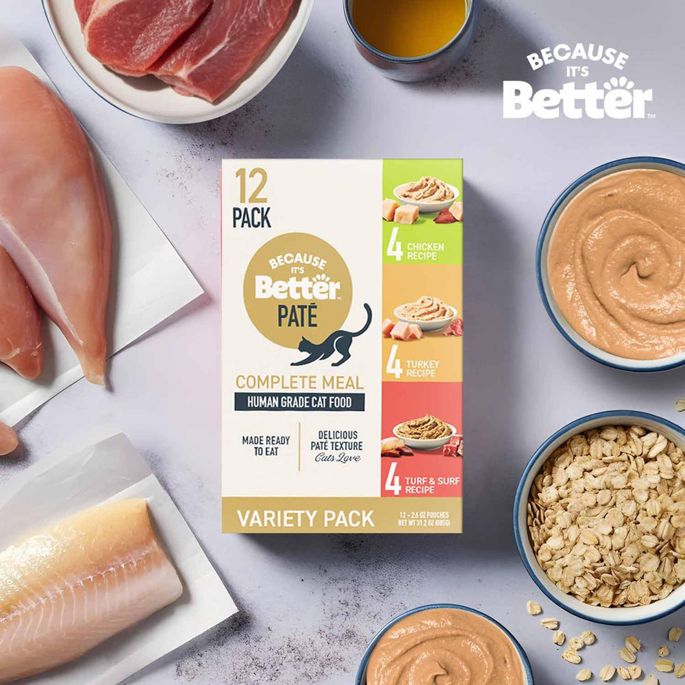 Because It's Better Pate Variety Pack includes 12 convenient single-serve pouches.