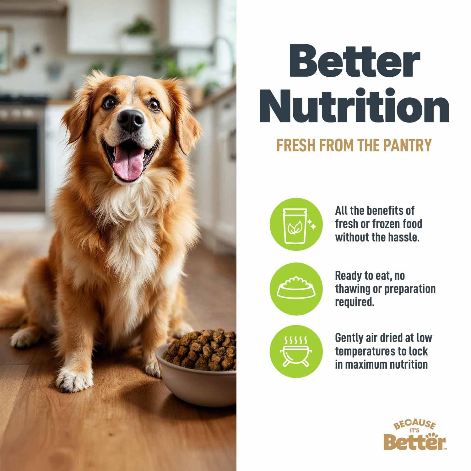 Because It’s Better complete meal or topper highlights versatile feeding options.