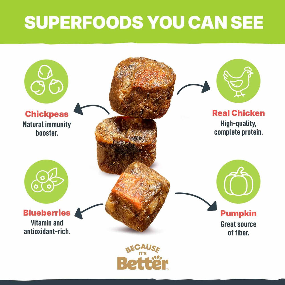 Because It’s Better visible veggies image shows carrots, pumpkin, blueberries in each bite.