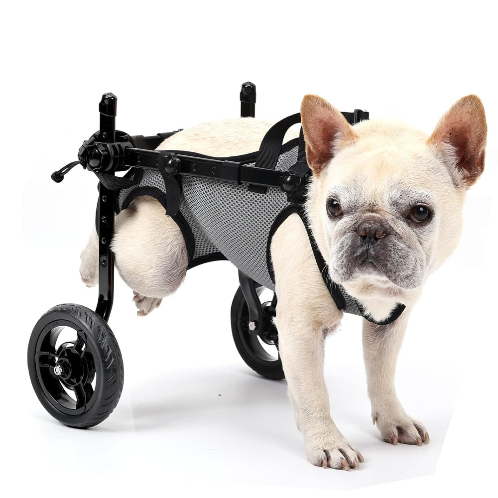 BECROWM dog wheelchair side view with grey frame providing hind-leg mobility support.