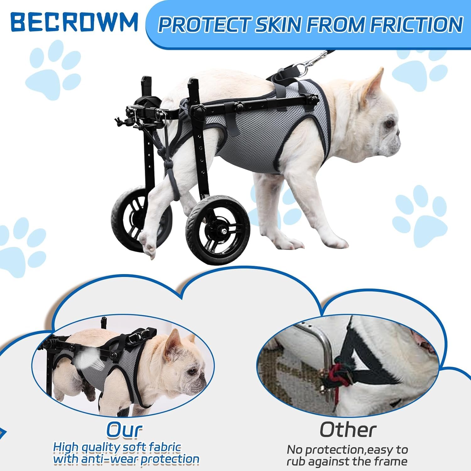 BECROWM dog wheelchair front view grey highlights lightweight build for portability.