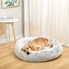 Bedfolks Calming Donut Dog Bed closeup, fluffy faux fur texture for comfort