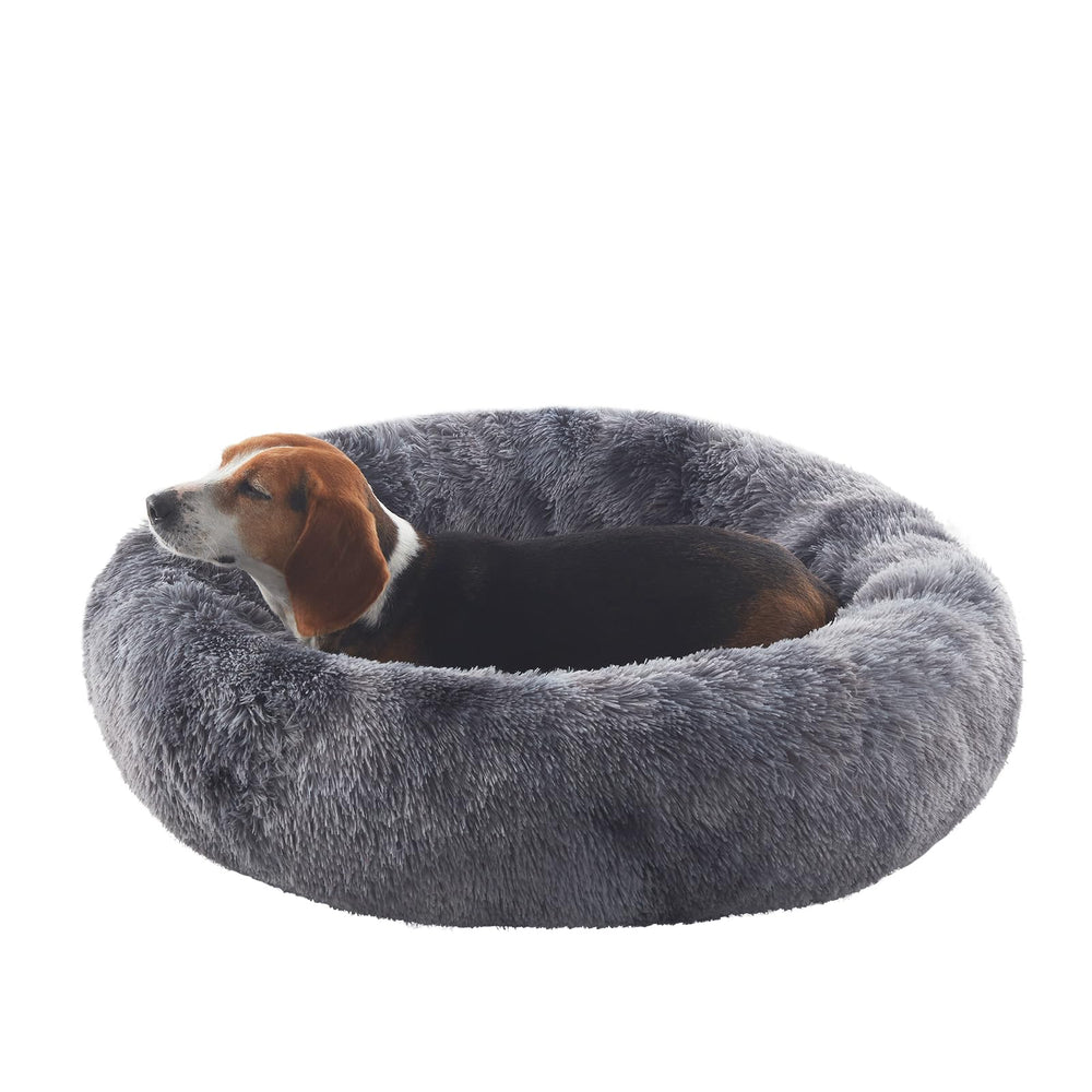 BedStill 33-inch donut bed in tie-dye grey offers cozy resting space for medium dogs