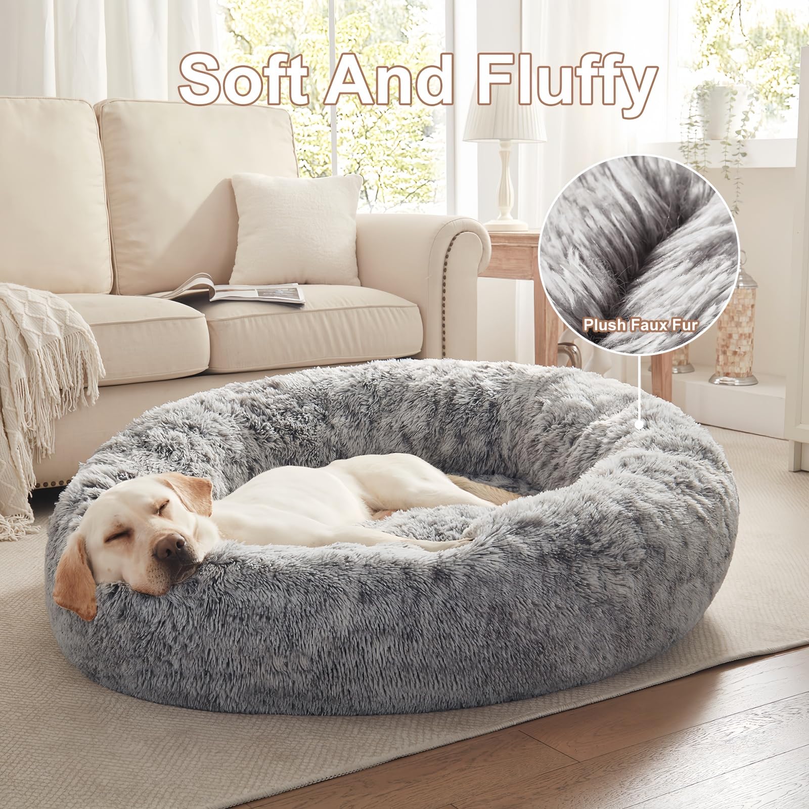 BedStill 45-inch Donut Bed demonstrates up-to-120-lb capacity for big dogs.