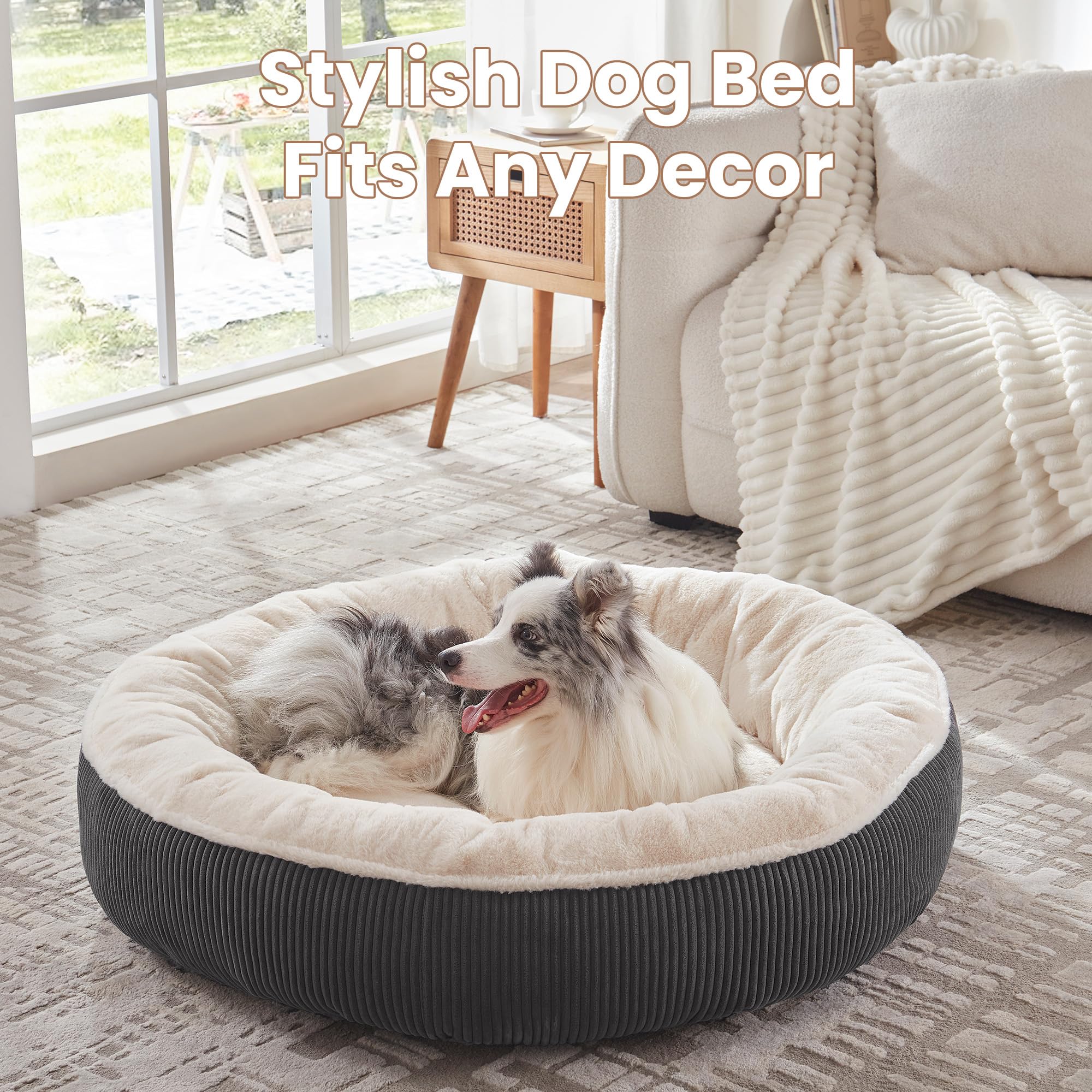 BedStill Donut Bed corduroy sides emphasize secure, calming perimeter for anxious dogs.