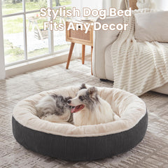 BedStill Donut Bed corduroy sides emphasize secure, calming perimeter for anxious dogs.