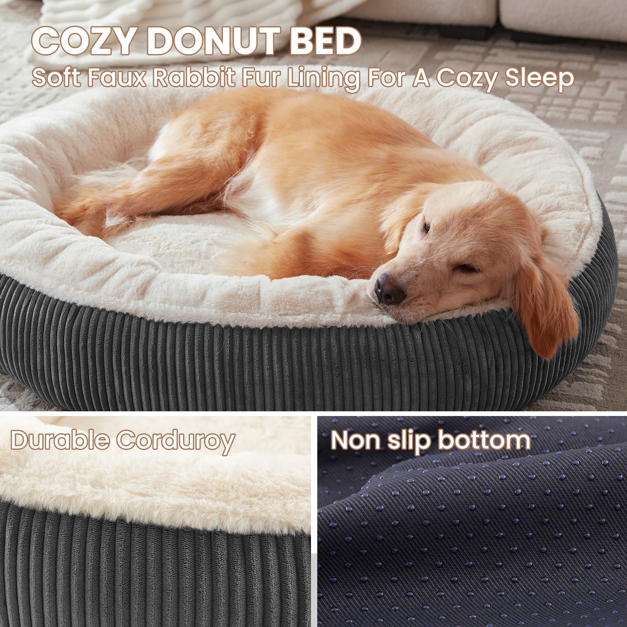 BedStill donut bed with corduroy sides in dark grey provides a calming cocoon for pets.