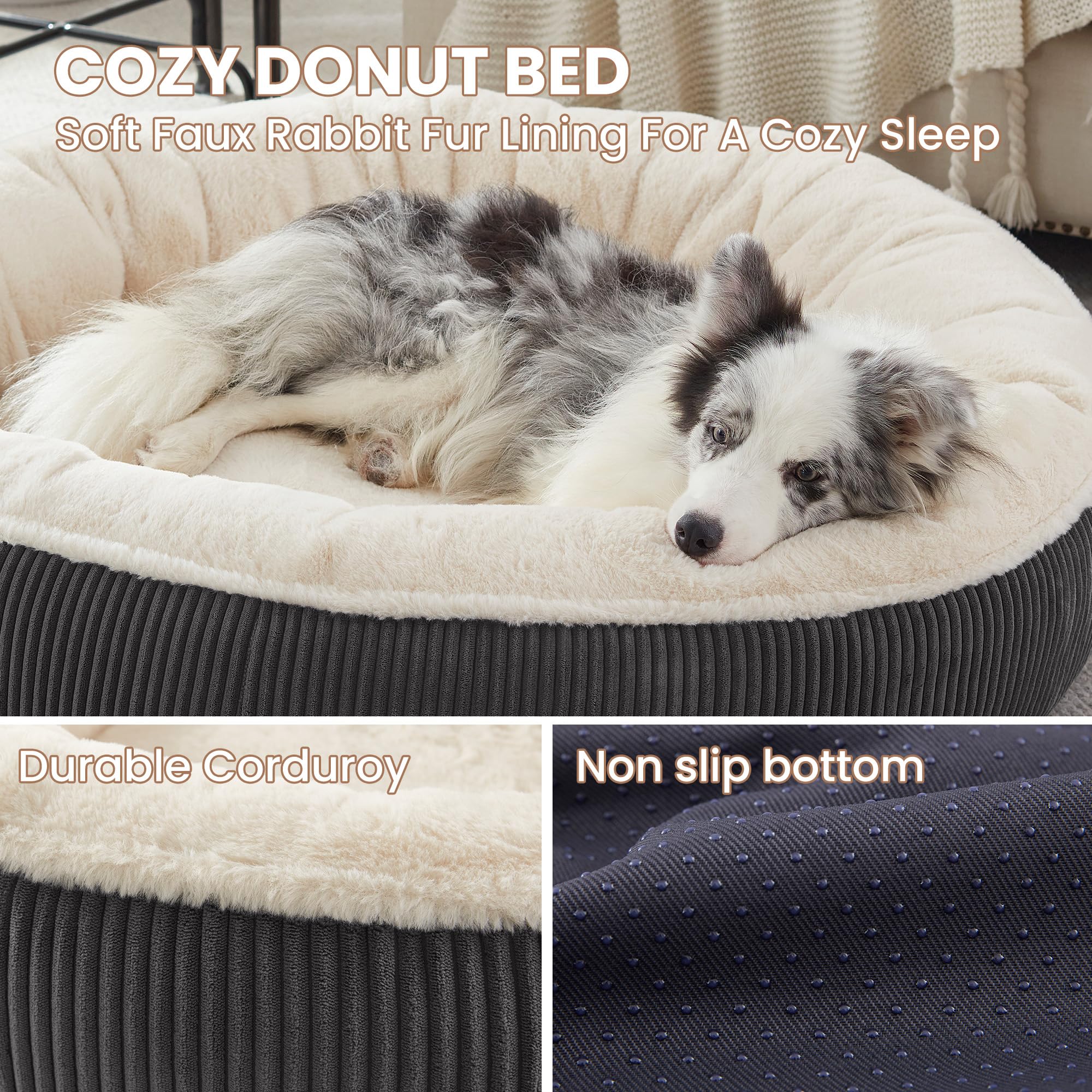 BedStill Donut Bed rendering with a dog snuggle illustrating cozy support for large breeds during rest.