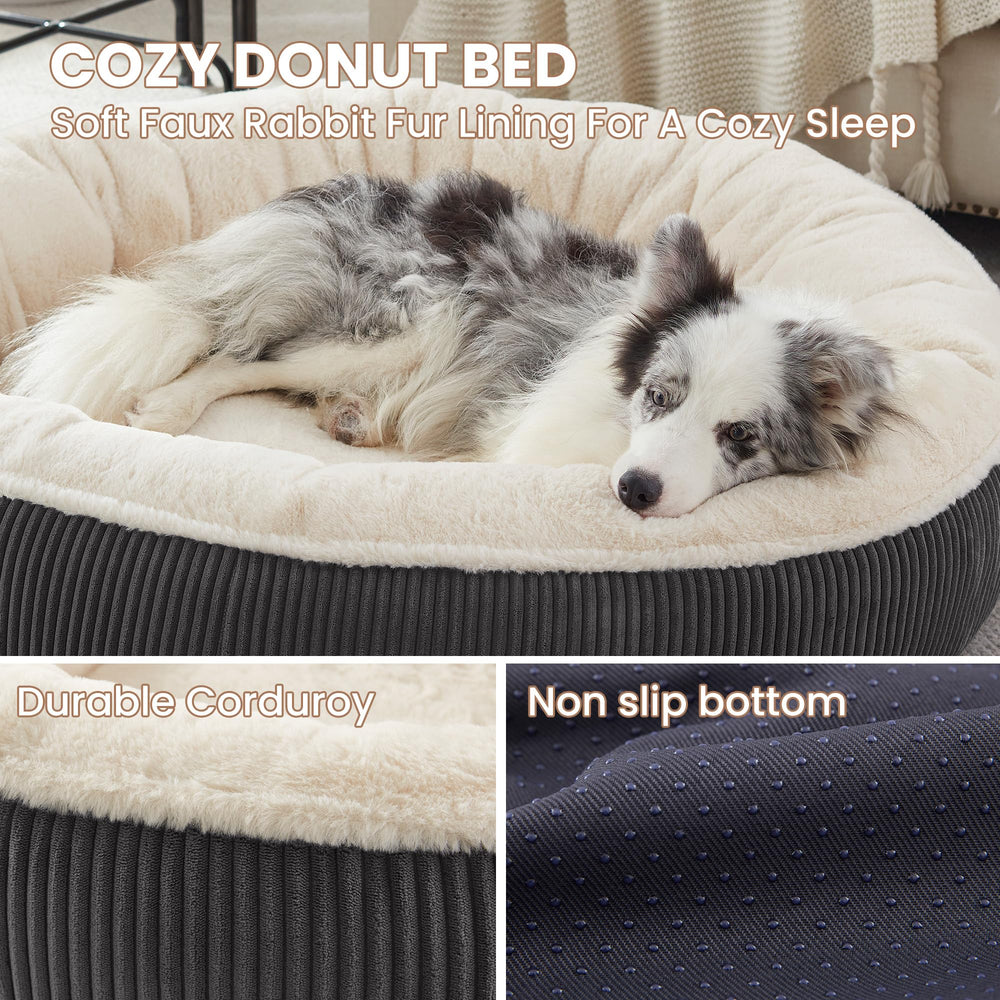 BedStill Donut Bed rendering with a dog snuggle illustrating cozy support for large breeds during rest.