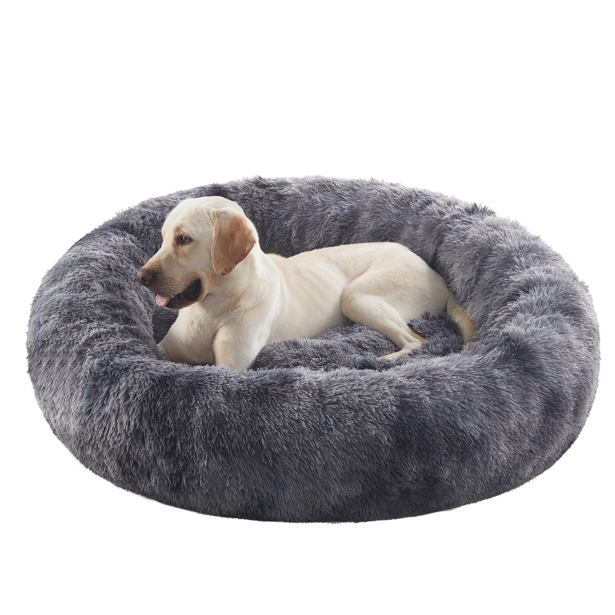 BedStill donut bed XL tie-dye grey front angle offers a snug calming space for big dogs.