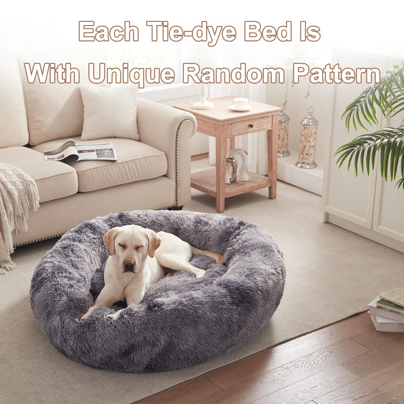BedStill donut bed XL tie-dye grey full-room-setup shows stylish pet sanctuary in living spaces.