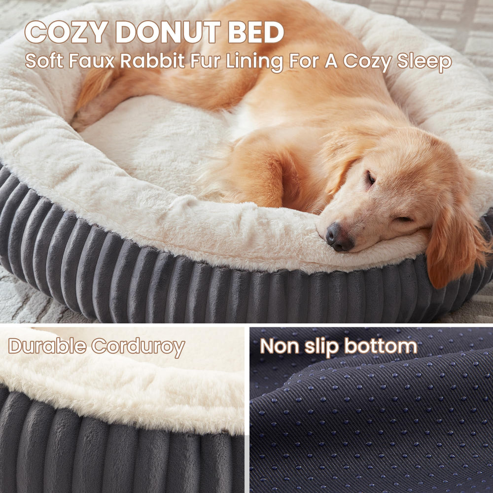 BedStill large charcoal donut dog bed side view showing raised milk plush rim