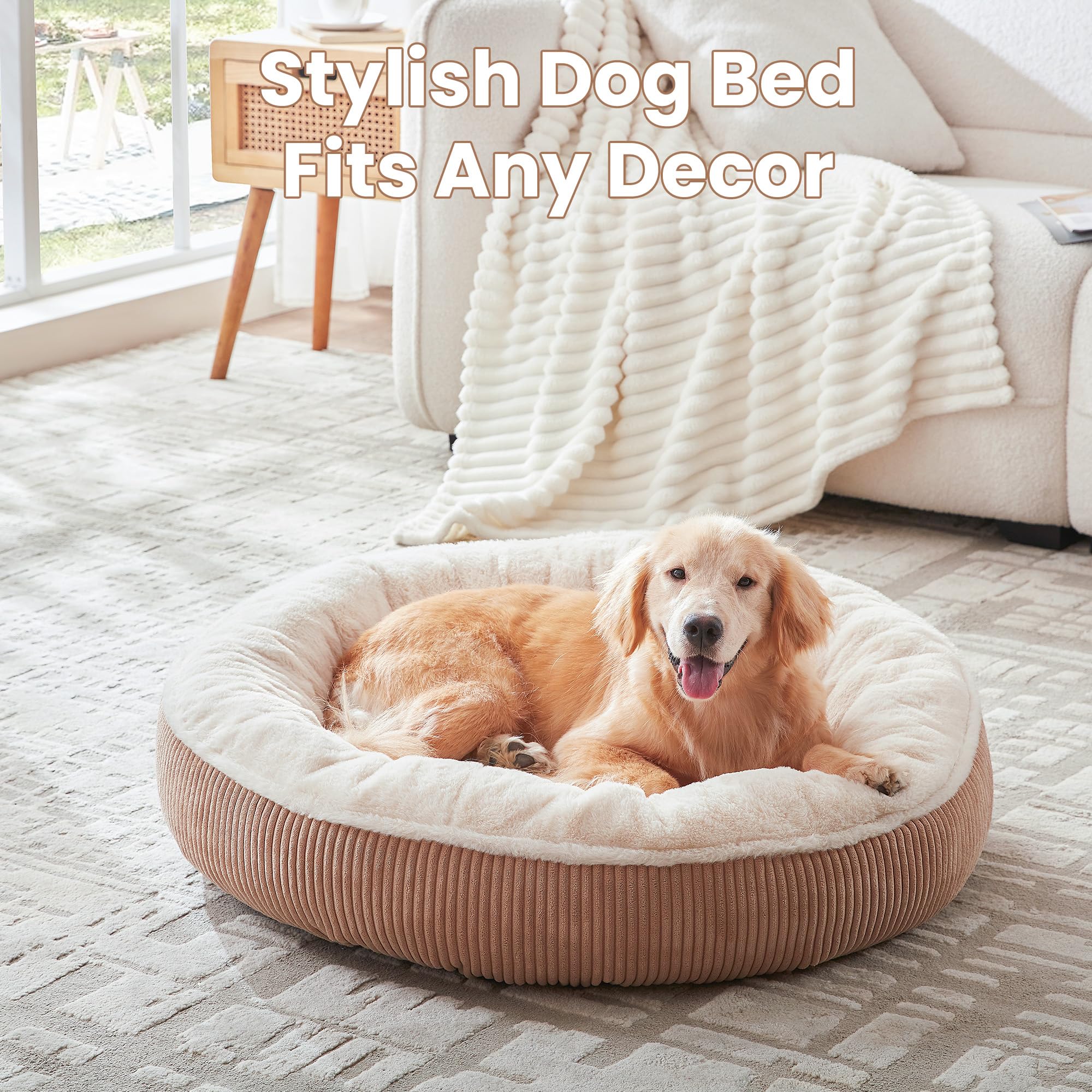 BedStill donut dog bed plush fur closeup emphasizes soft, cozy sleep space