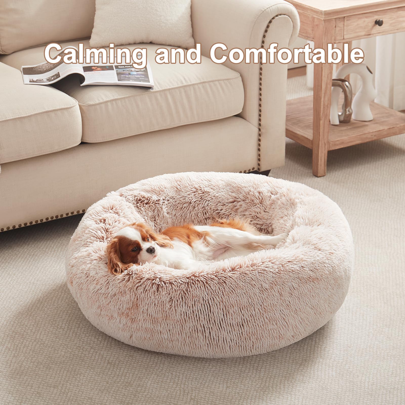 BedStill donut dog bed round shape with raised sides provides calm comfort for pets.