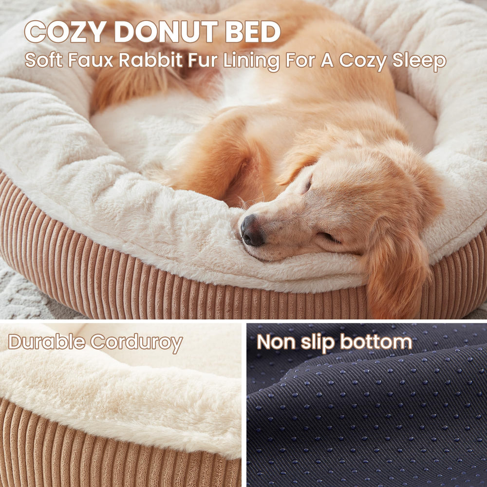 BedStill donut dog bed side view shows calming raised rim for security