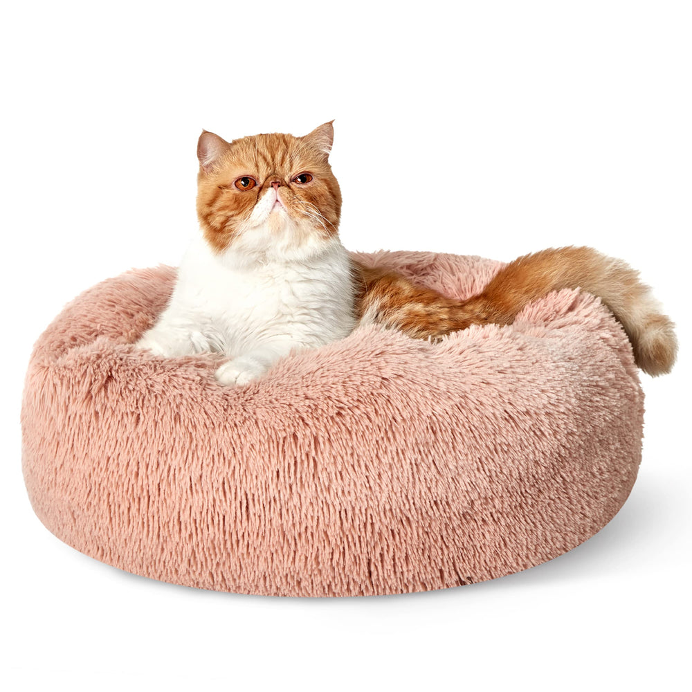 Bedsure calm cat bed round pink side view showing plush donut design for curling