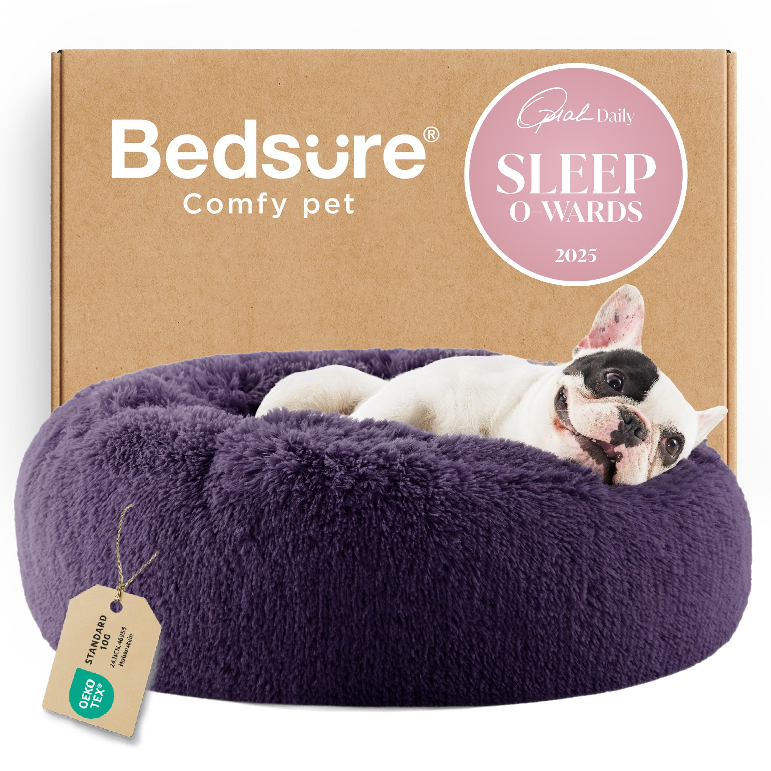 Bedsure calming dog bed round 23in donut shape supports curl-up comfort.