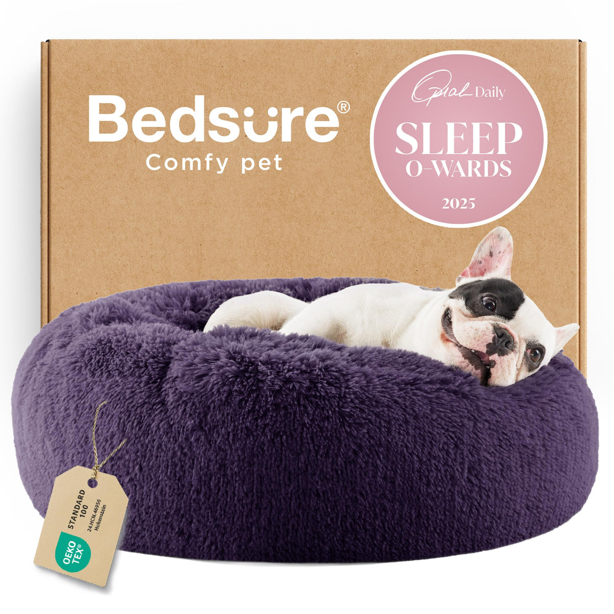 Bedsure calming dog bed round 23in donut shape supports curl-up comfort.
