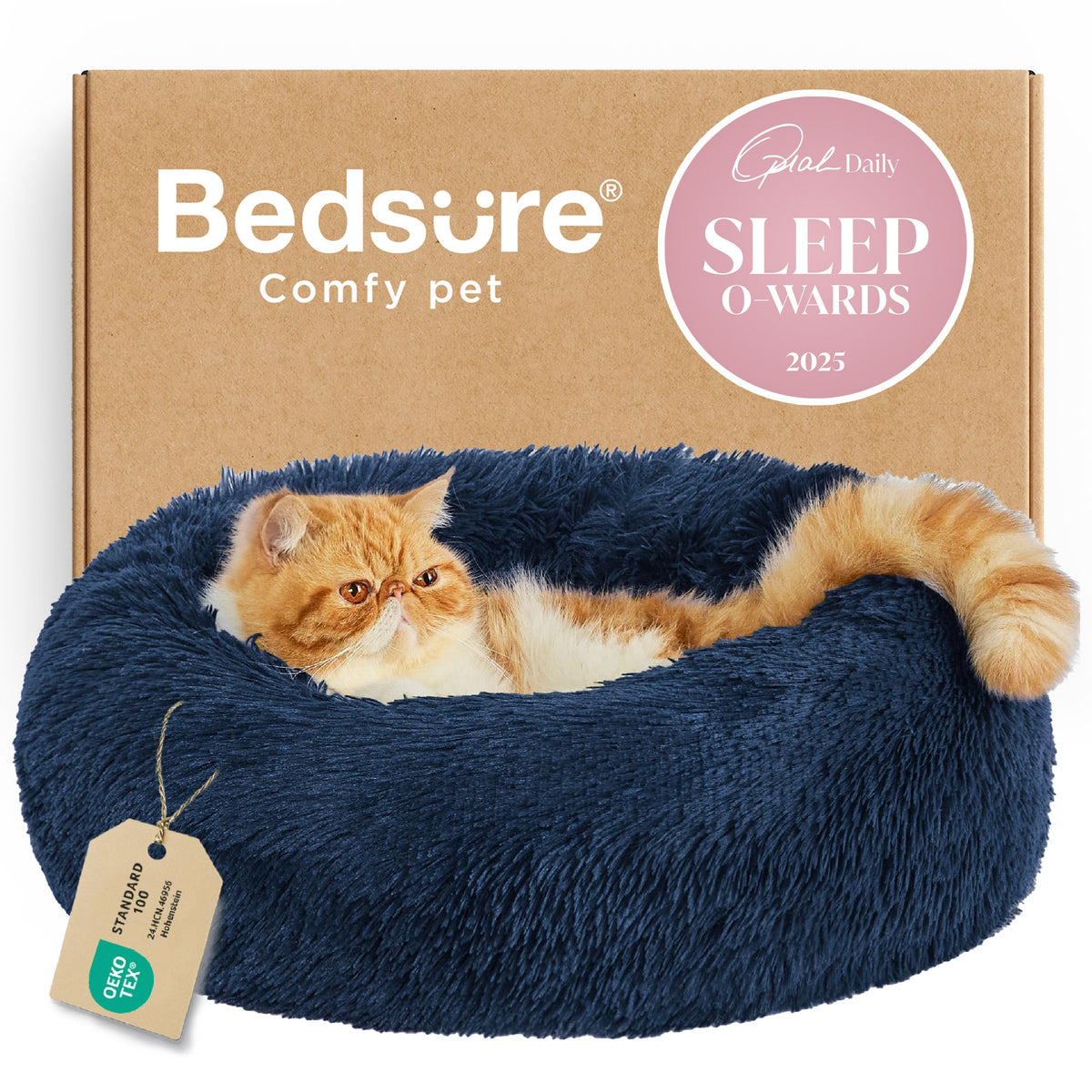 Bedsure calming cat bed 20in navy round offers a cozy indoor retreat.