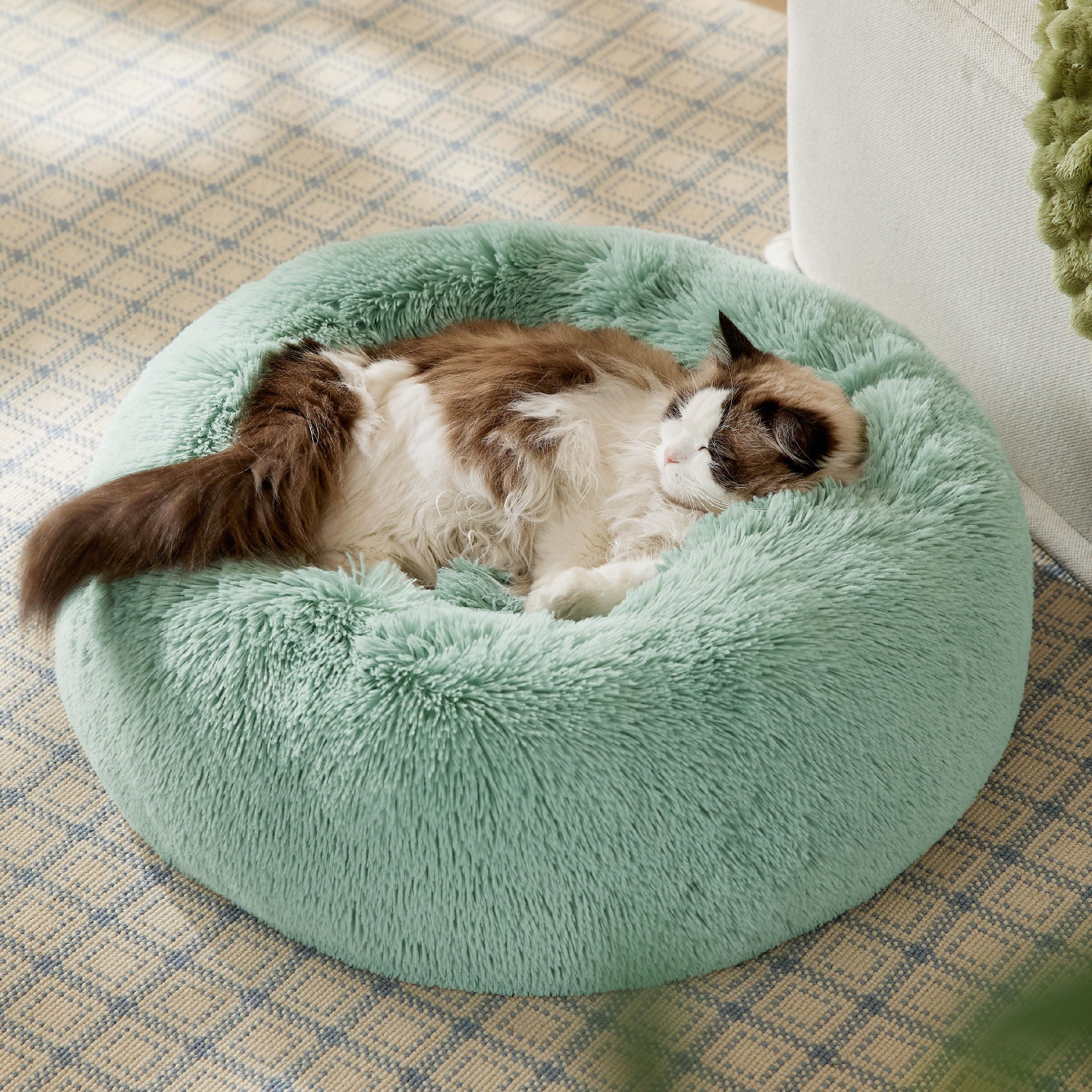 Bedsure calming cat bed features anti-slip base for stable lounging.