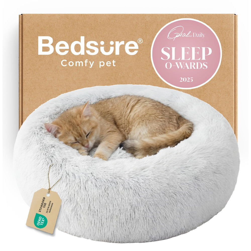 Bedsure calming cat bed with plush faux fur for cozy naps.