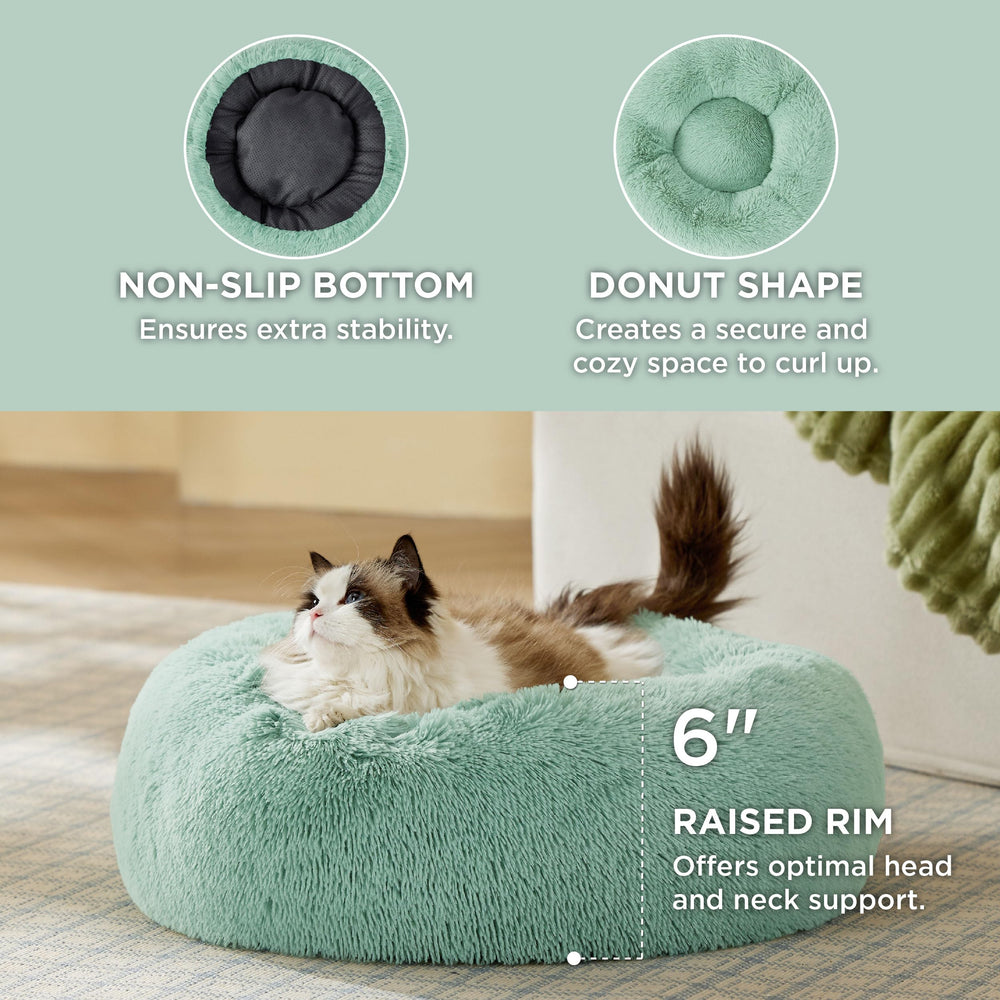 Bedsure calming cat bed raised rim supports head and neck while lounging.