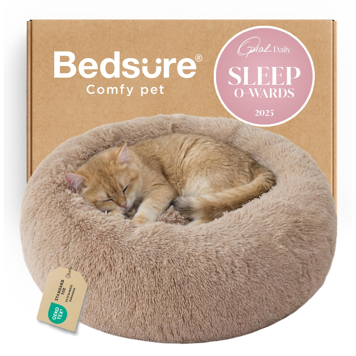 Bedsure calming cat bed round 20-inch camel for cozy indoor naps