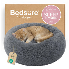 Bedsure calming cat bed with round plush design and anti-slip base for indoor use.