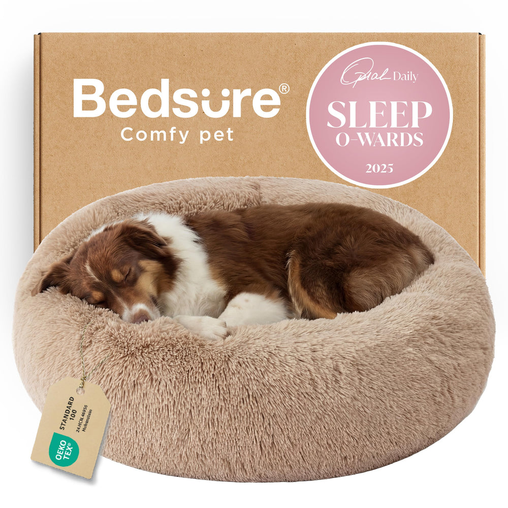 Bedsure calming dog bed donut top view with plush faux fur for curling up