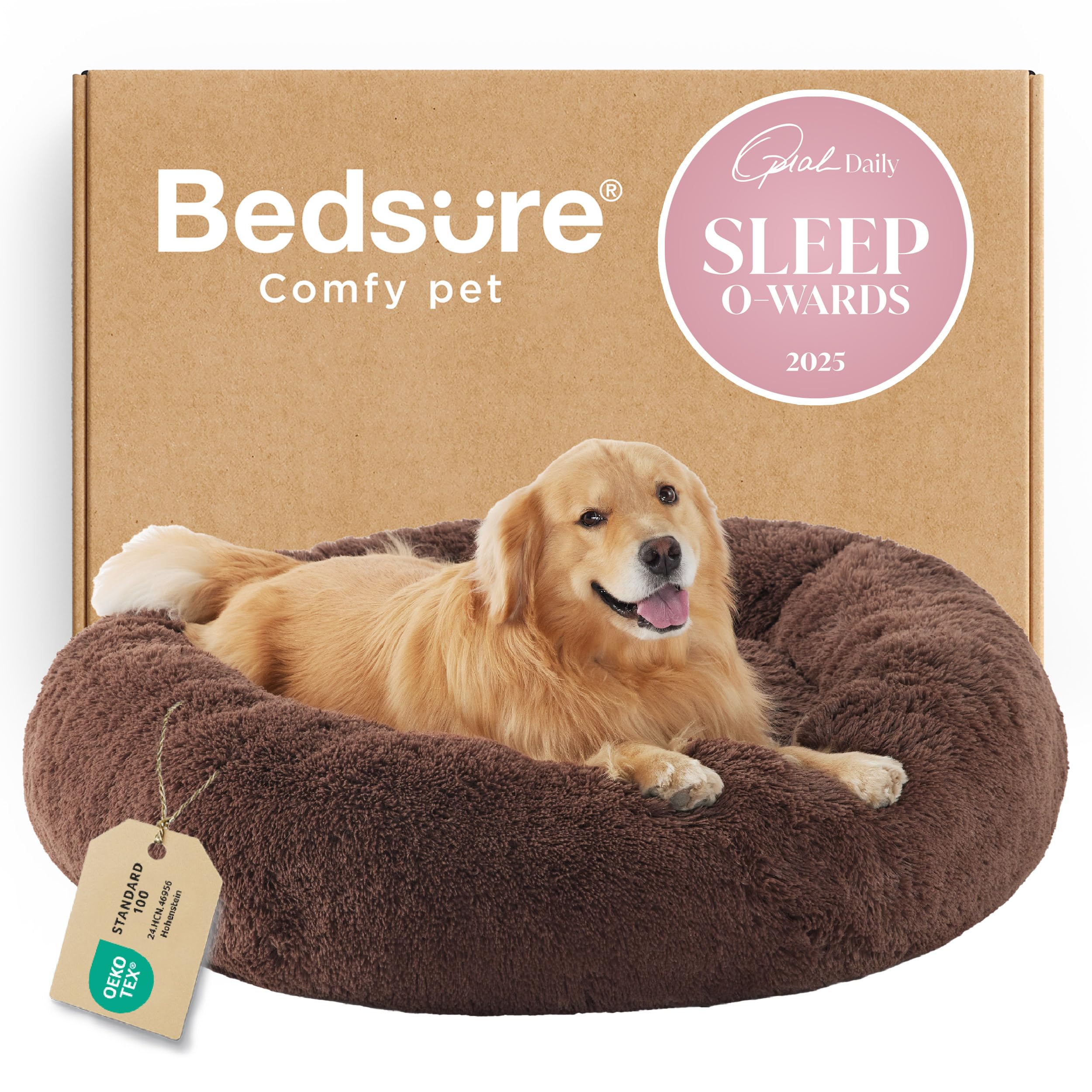Bedsure Calming Dog Bed in coffee with donut design for curl-up comfort.