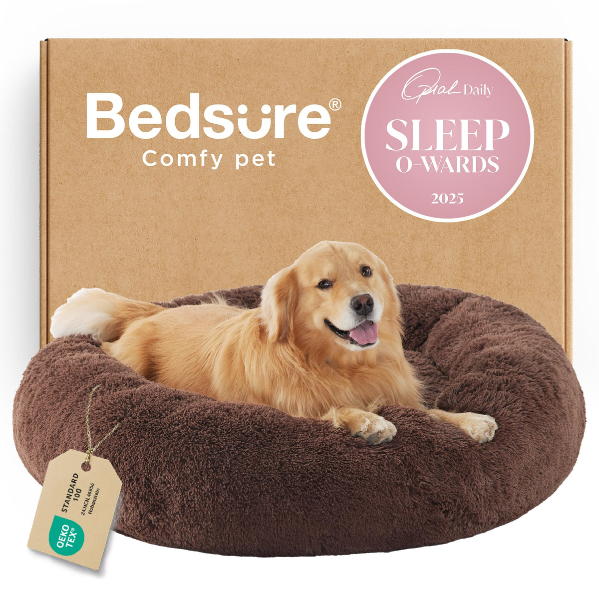 Bedsure Calming Dog Bed in coffee with donut design for curl-up comfort.