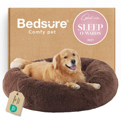 Bedsure Calming Dog Bed in coffee with donut design for curl-up comfort.