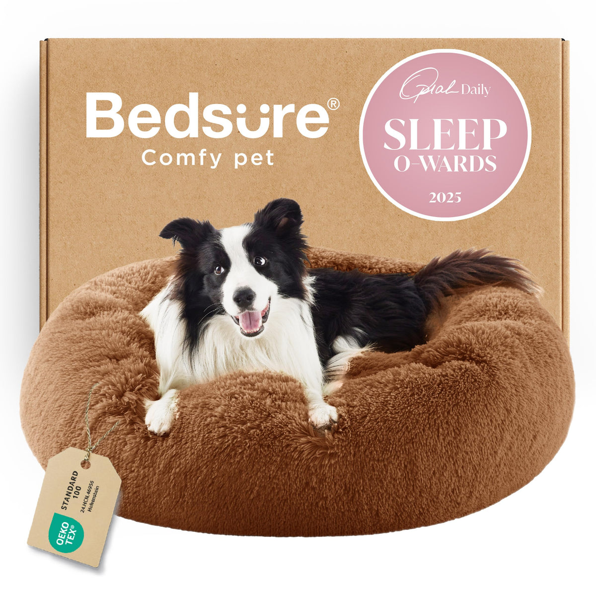 Bedsure calming dog bed round copper front view showing plush surface for curling up
