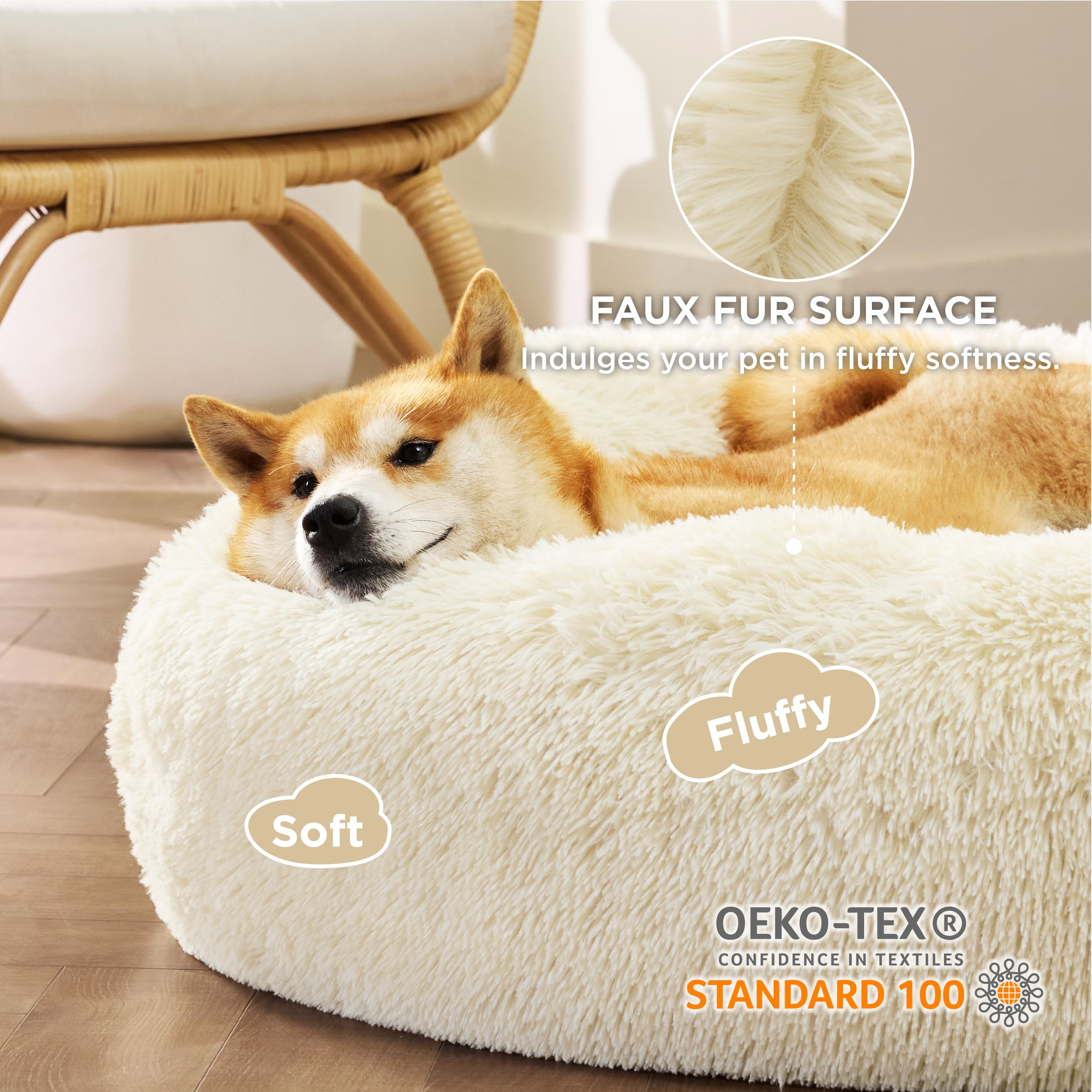 Bedsure calming donut bed anti-slip base keeps placement secure.