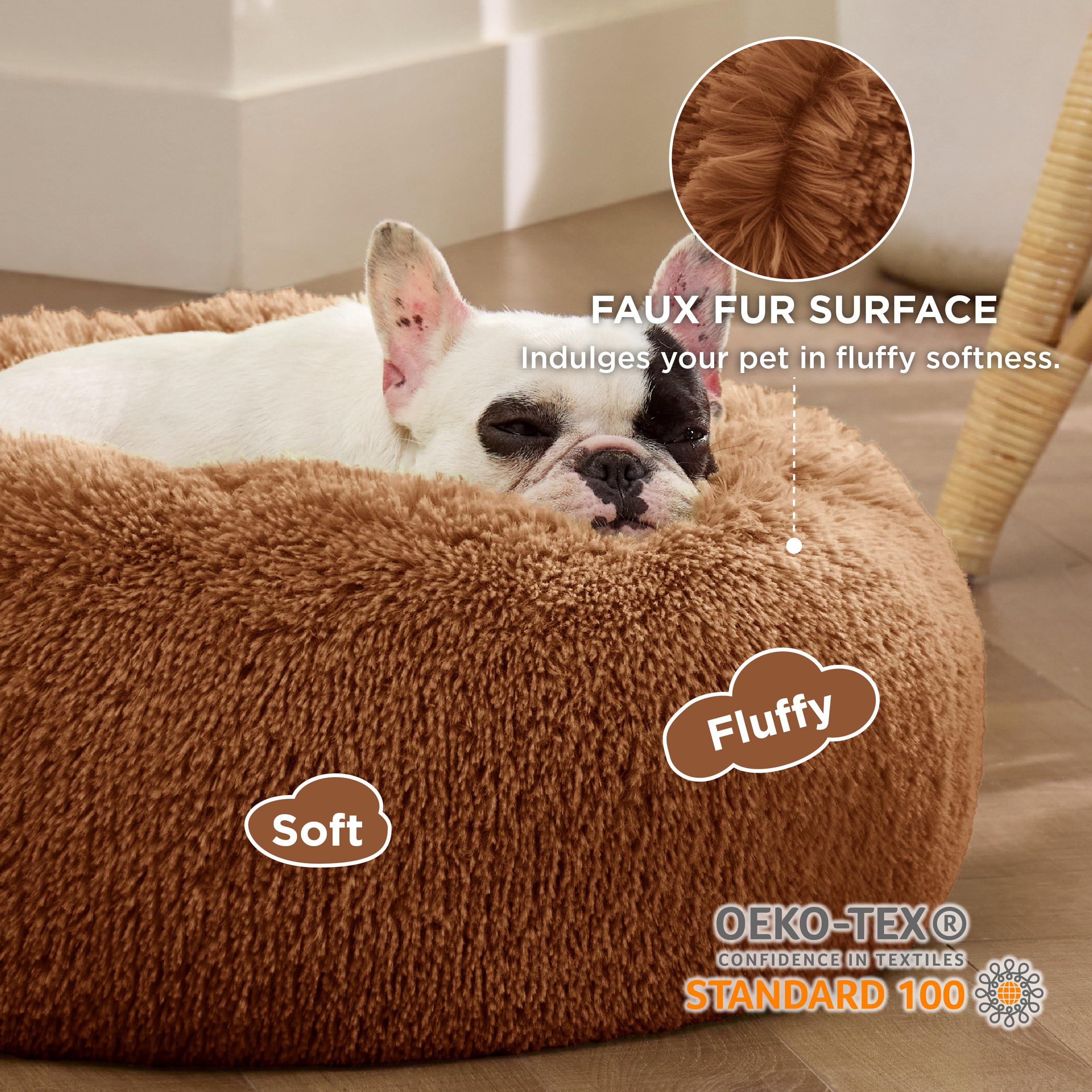 Bedsure donut bed close-up shows plush faux fur texture for snuggling