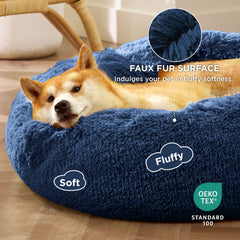 Bedsure Calming Donut Bed navy faux fur interior adds soft warmth for naps