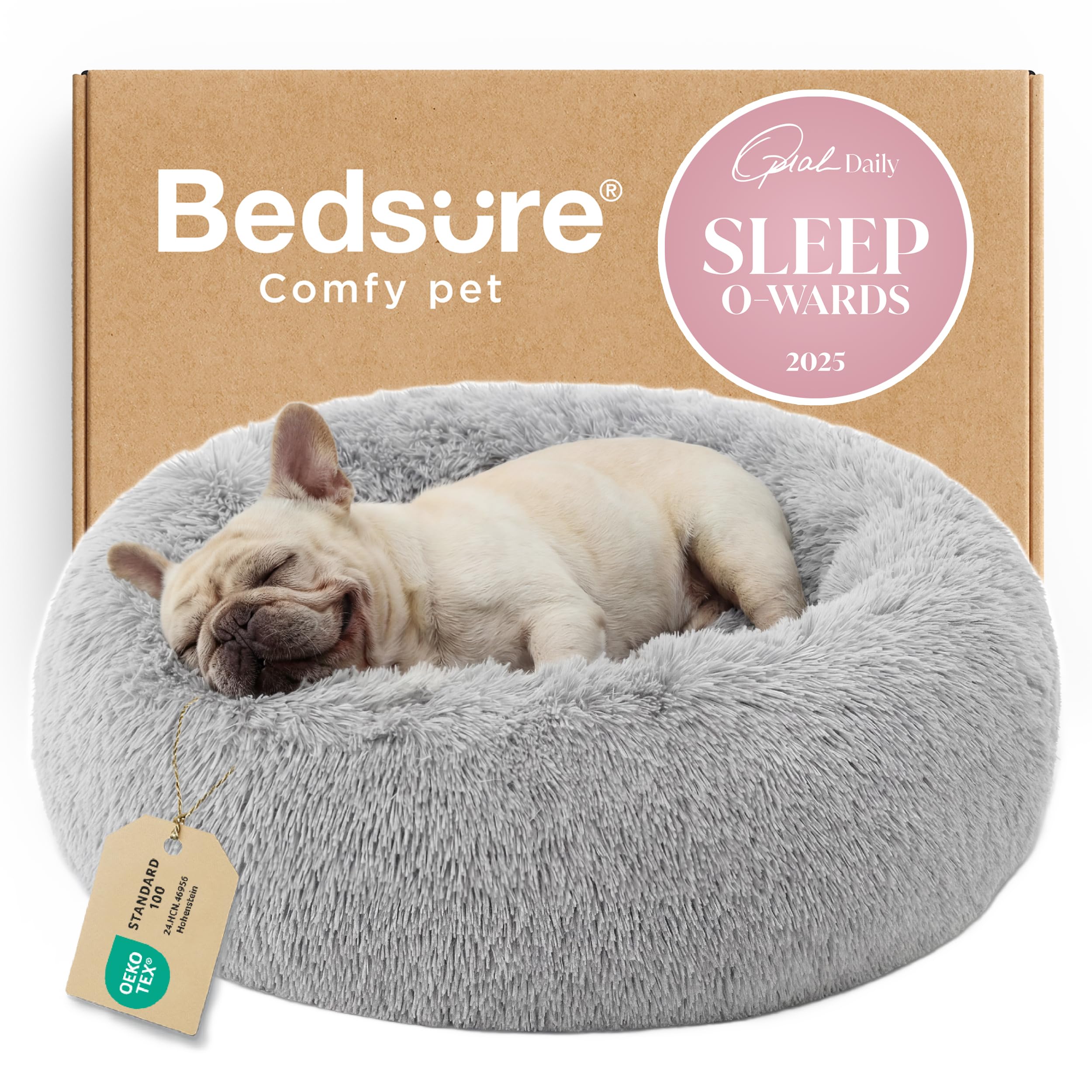 Bedsure Calming Donut Bed outer cover shows plush faux fur in a neutral shade.