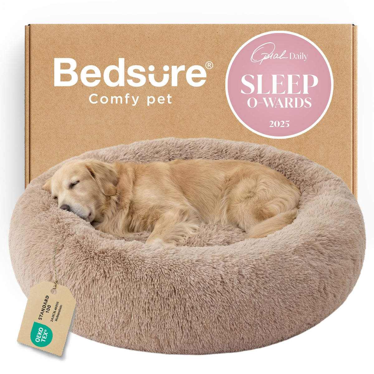 Bedsure calming donut bed in camel round shape supports restful lounging and neck comfort.